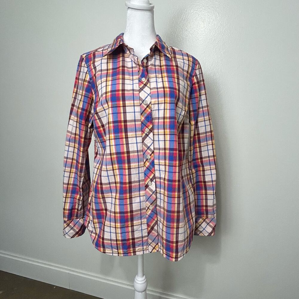 Talbots Plaid Top Small Button Up 100% Cotton Shirt Blue Burgandy Yellow